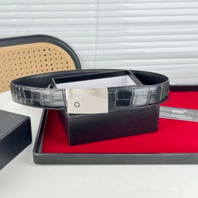 Buy Replica - Montblanc  Black Leather Belt with Silver Logo Buckle Block-shaped Buckle  3.8cm